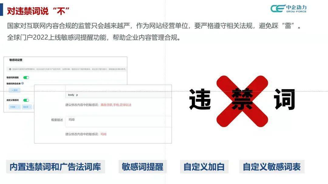 此功能内置最新违禁词和广告法词库,网站可以实现自动设置敏感词提醒