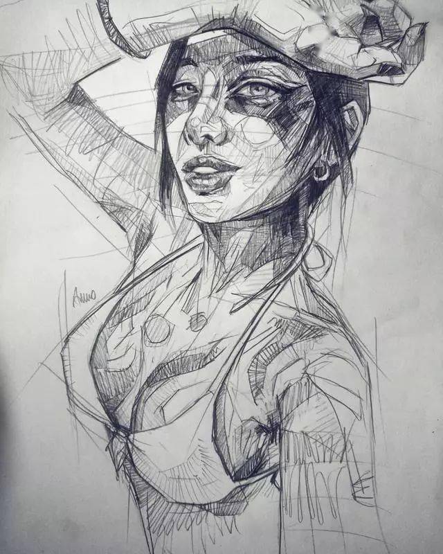 杂乱线条结合块面笔触的素描别有一番滋味