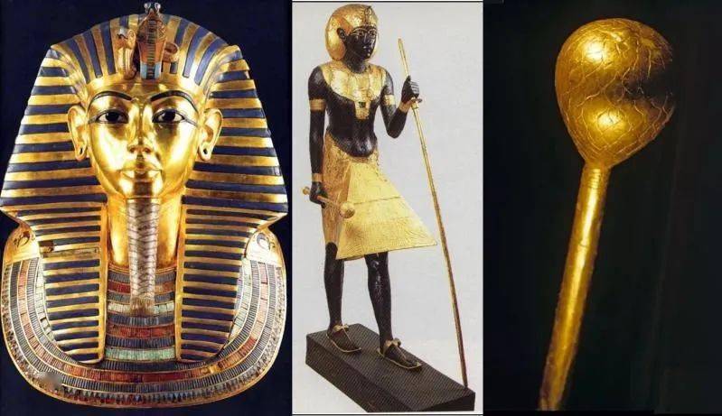 古埃及图坦卡蒙法老墓出土的金面具,木雕像和鎏金权杖两河流域青铜