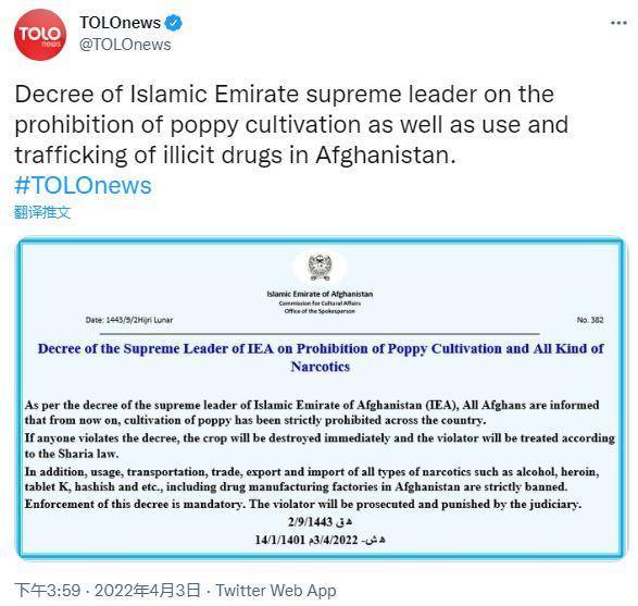 塔利班最高领导人颁布法令：禁止在该国种植罂粟