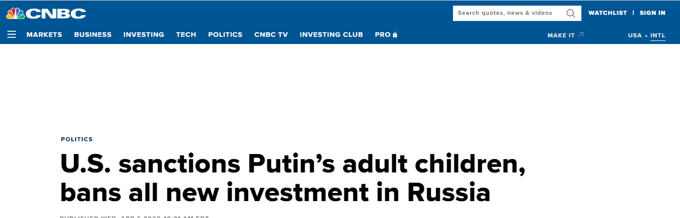 美媒：美方宣布将对俄实施新制裁，制裁对象首次包括普京的女儿