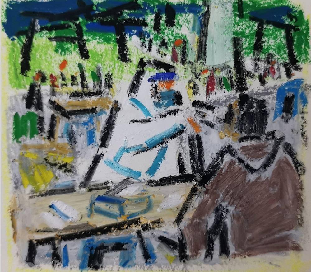 青年画家,上海市群众艺术馆创作部美术指导陈迪用油画棒画下一连九张