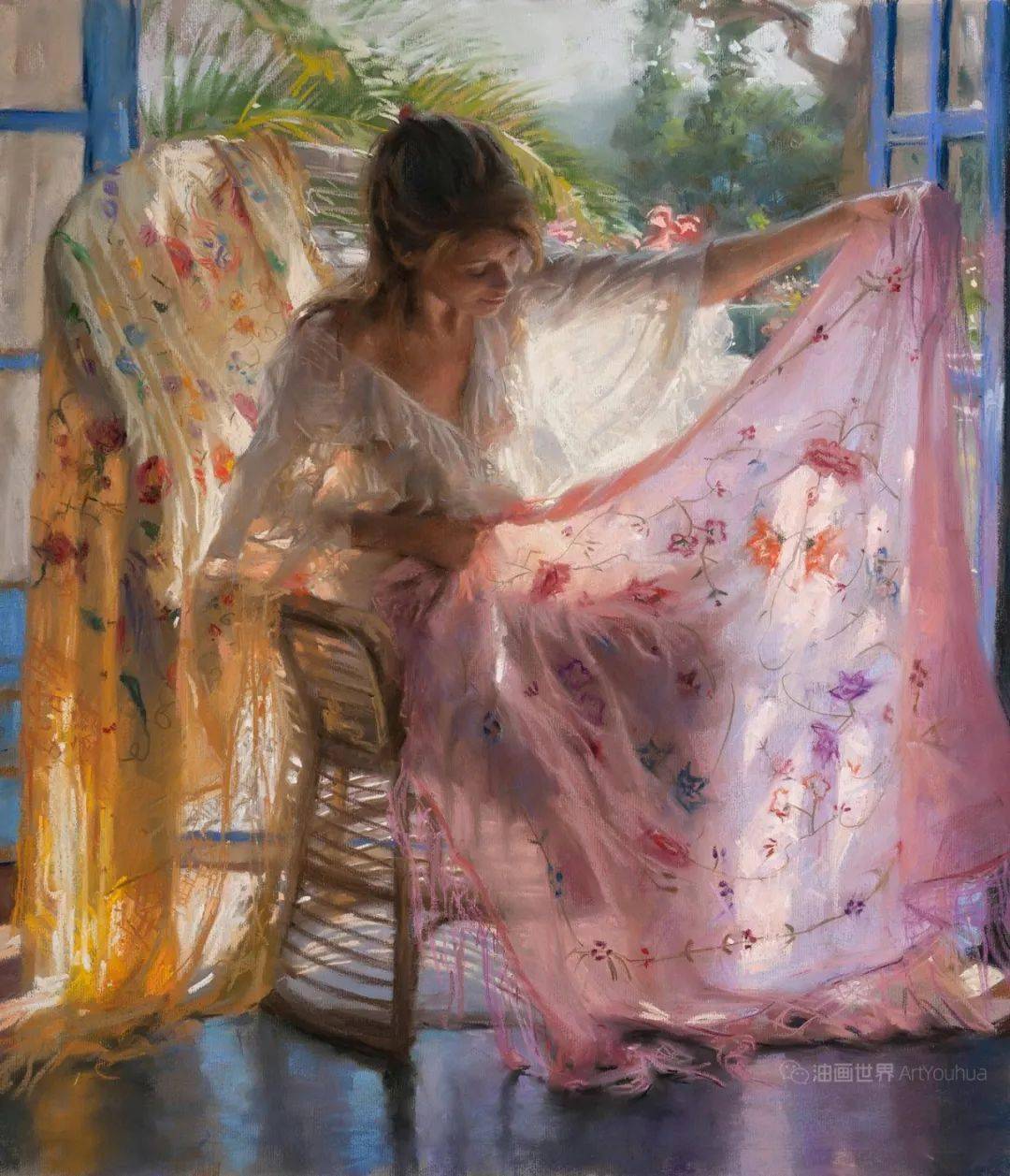 油画欣赏地中海温暖的阳光和婀娜多姿背影的美人令人陶醉