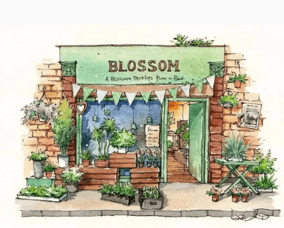 街边小店街景建筑物水彩插画