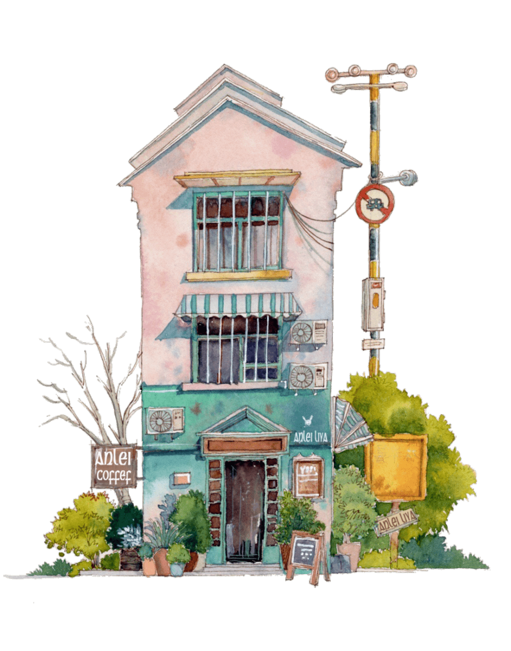 街边小店街景建筑物水彩插画