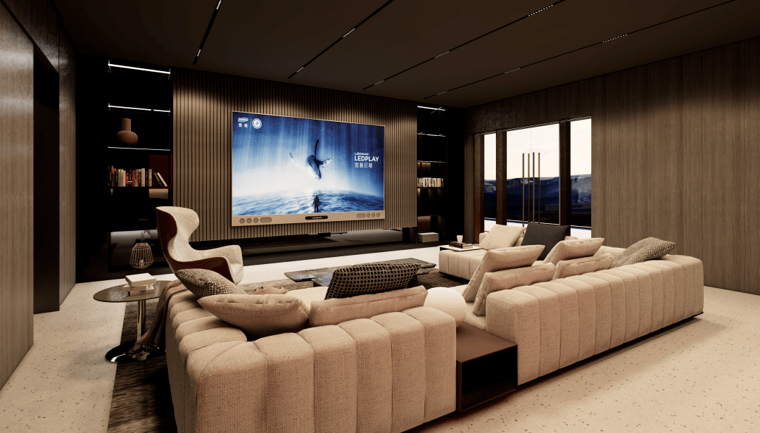 家庭客厅观影138吋雷曼巨幕落地安装可以使环形沙发观影区从任意视角