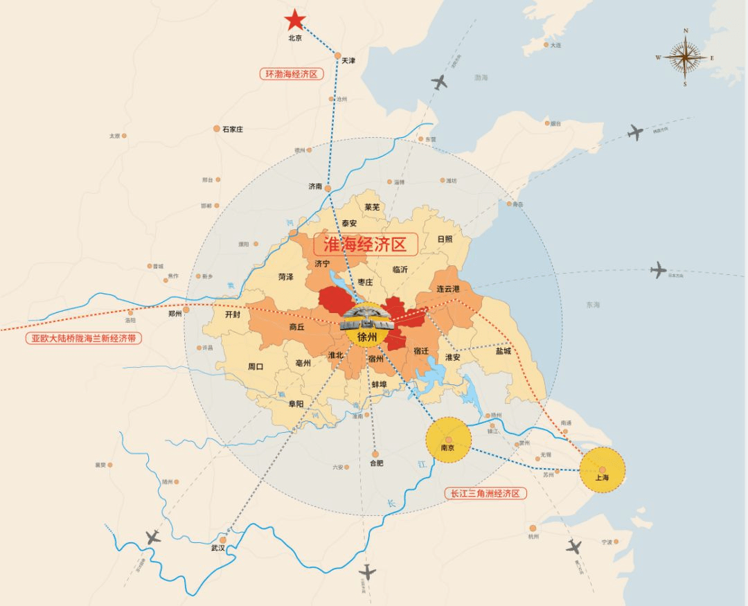 地理位置图源:网络相反,同为都市圈中心城市,环视徐州四周,长三角经济