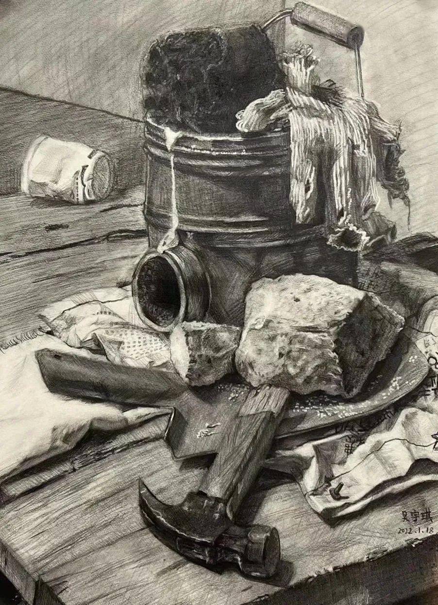 素描静物学生作品展示《鱼》水粉画156x108厘米《鱼的构想之一》水彩