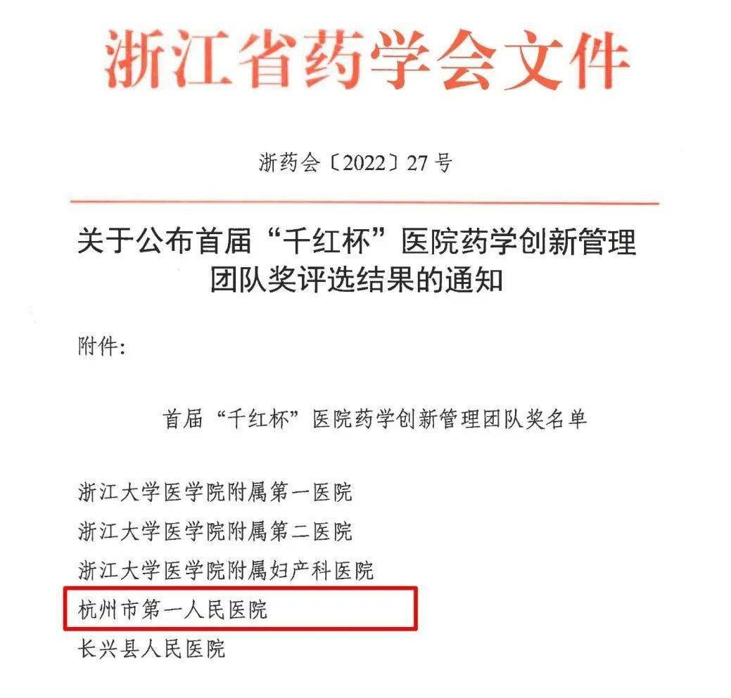 喜报市一医院药学部荣获浙江省首届千红杯医院药学创新