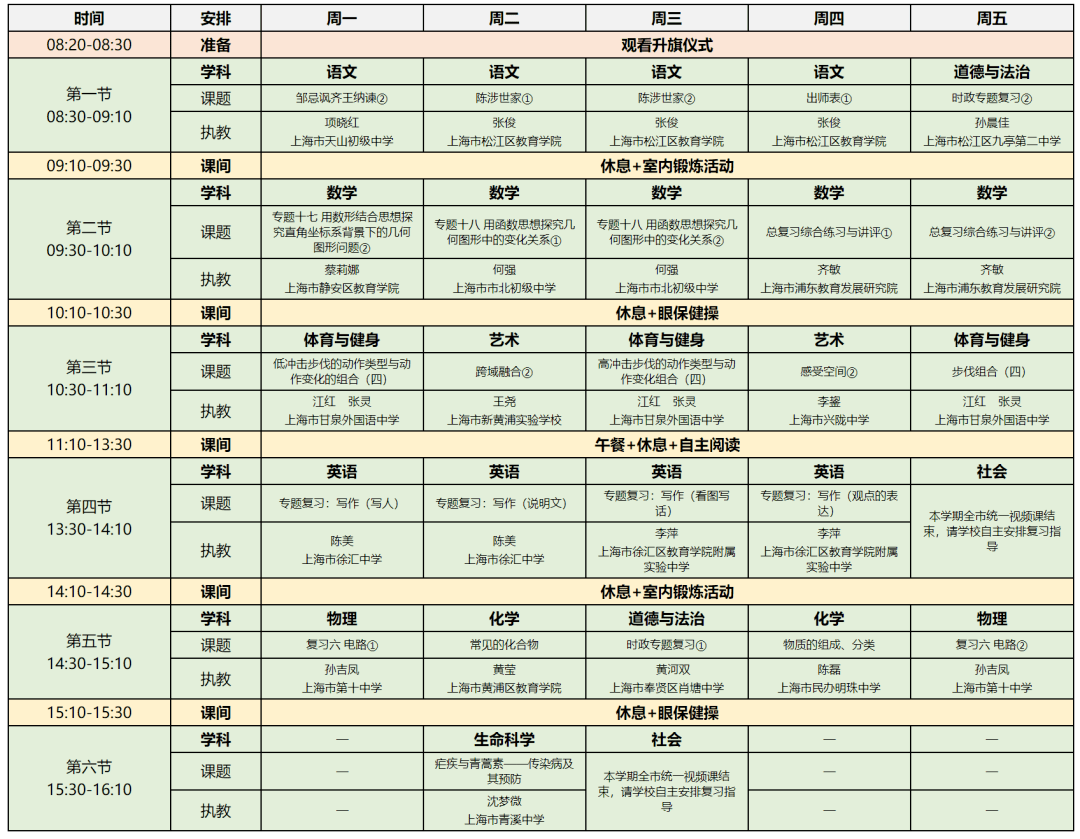 5月23日-27日空中课堂各年级统一课表出炉!_上海市_初中_高中