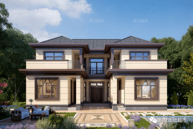 两层新中式别墅,13×14米,对称设计,2个露台,还带庭院设计_农村_卧室