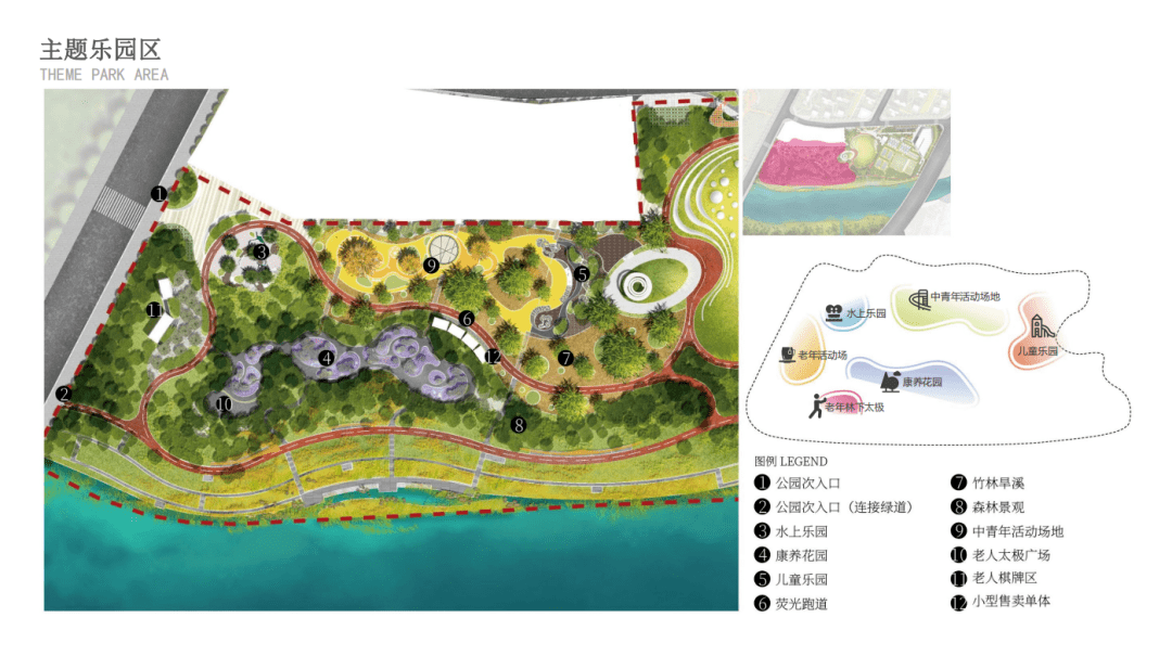 充分利用场地良好的景观基底,通过微地形塑造,亲水驳岸改造,休闲林地