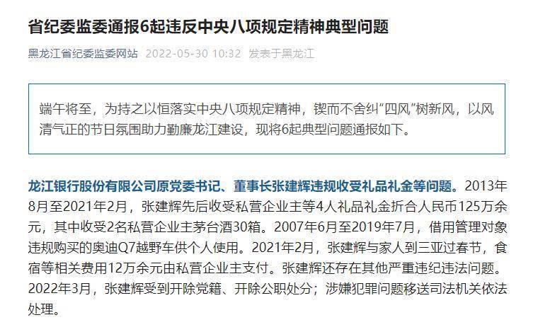 龙江银行原董事长张建辉部分违规细节曝光曾收受茅台酒30箱