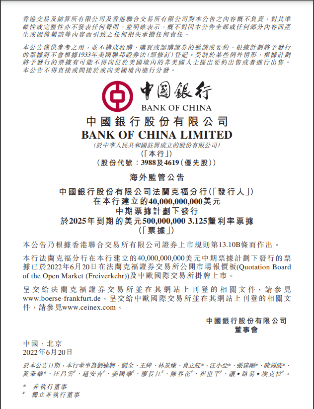 中国银行重要公告