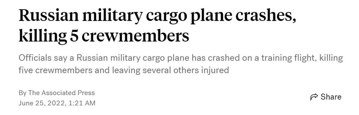 俄罗斯军用货机坠毁，死亡人数升至5人 