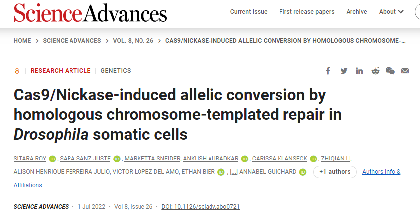 Sci Adv 比crispr Cas9更简单 高效 安全的新型基因编辑系统crispr Nickase 染色体 进行 果蝇