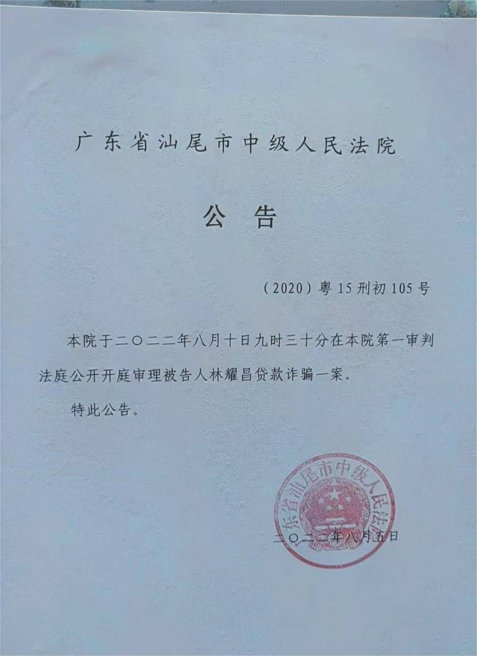 2019年10月,汕尾中院对该案作出一审判决,林耀昌犯贷款诈骗罪,判处无