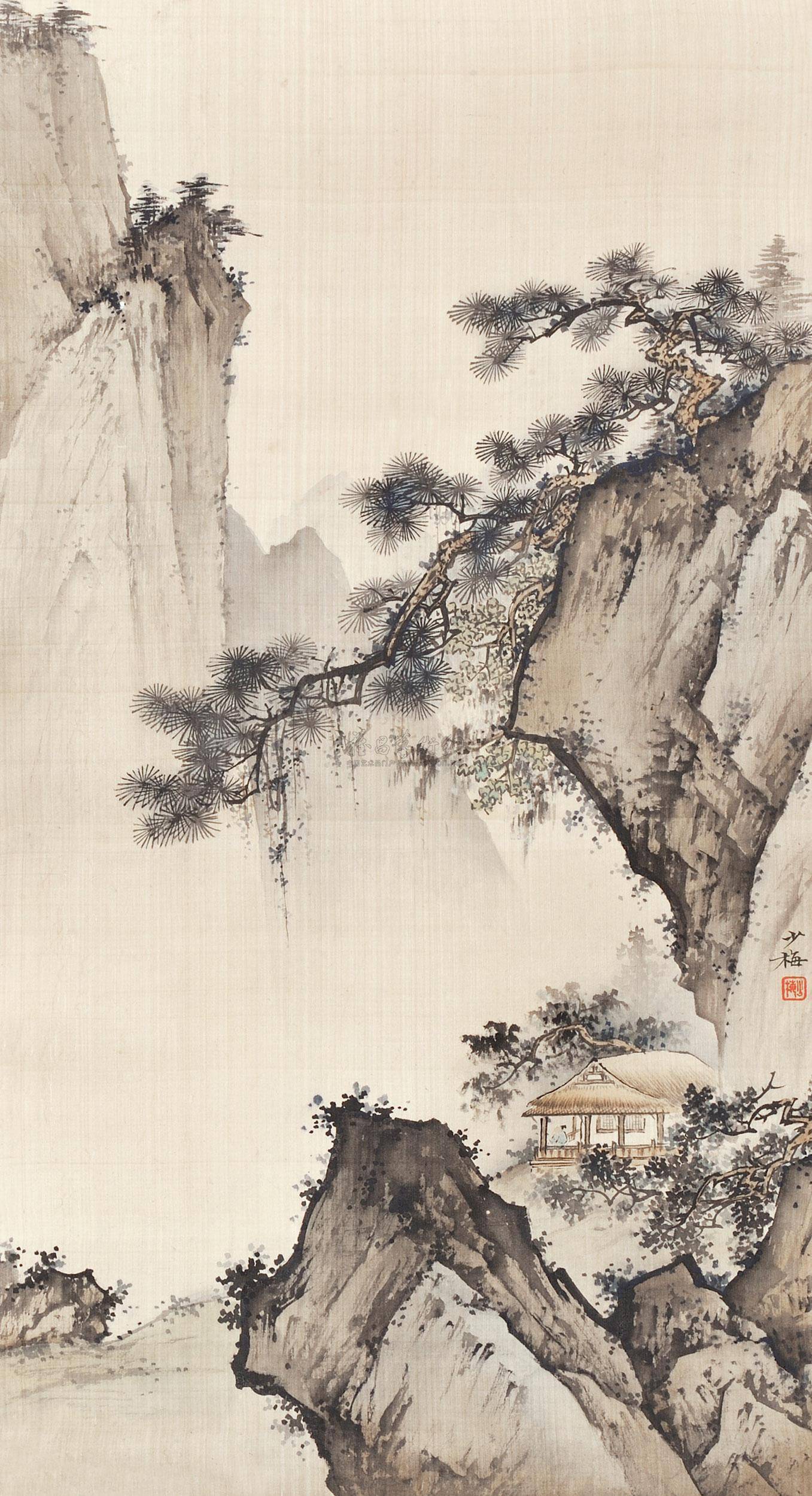 界画寒江---工笔青绿山水《高士观山图》_作品_文史_陈少梅