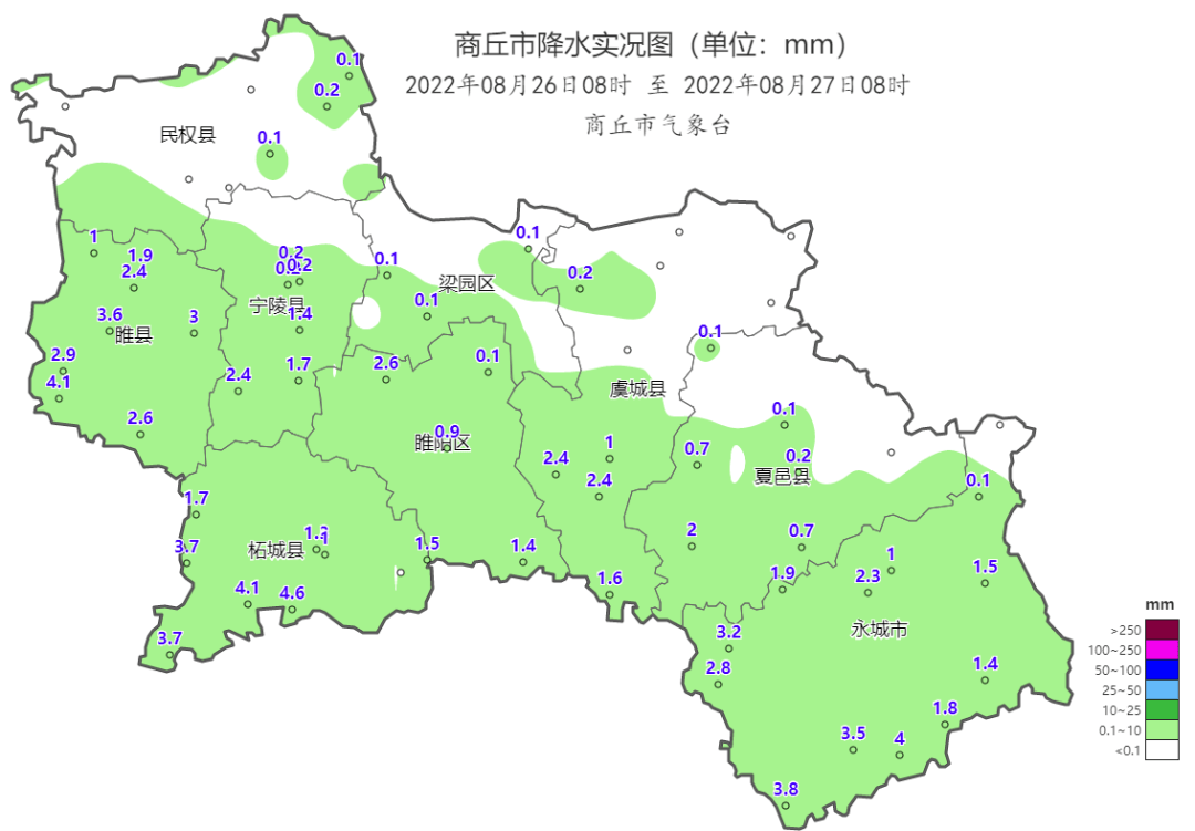 昨天我市阴天间多云,有阵雨天气,最大降水量出现在柘城张桥46毫米