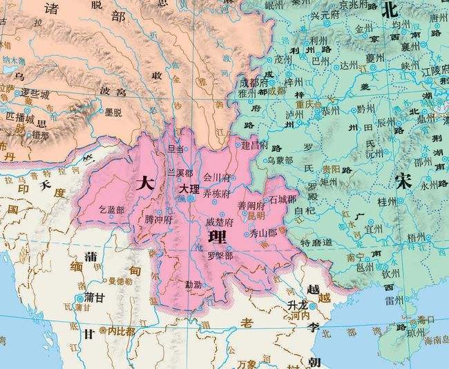 大理国疆域图大理国上层统治者为白族,白族借用汉字记白语,读白语音