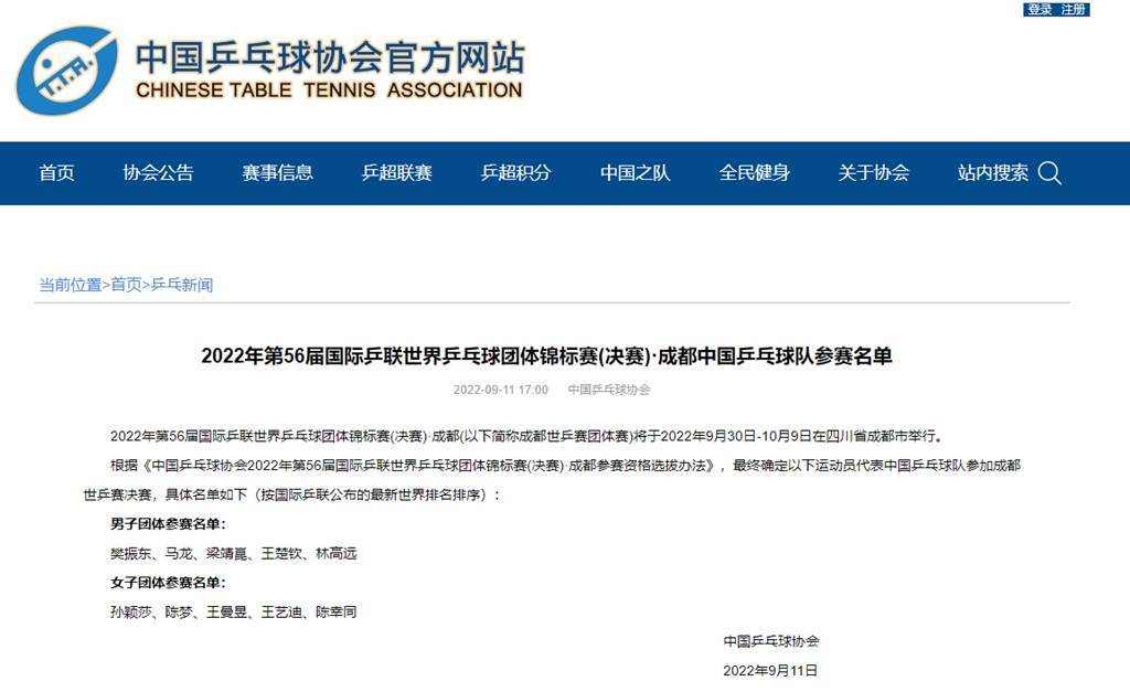 國乒正式公布成都世乒賽名單 樊振東孫穎莎領銜十人參戰