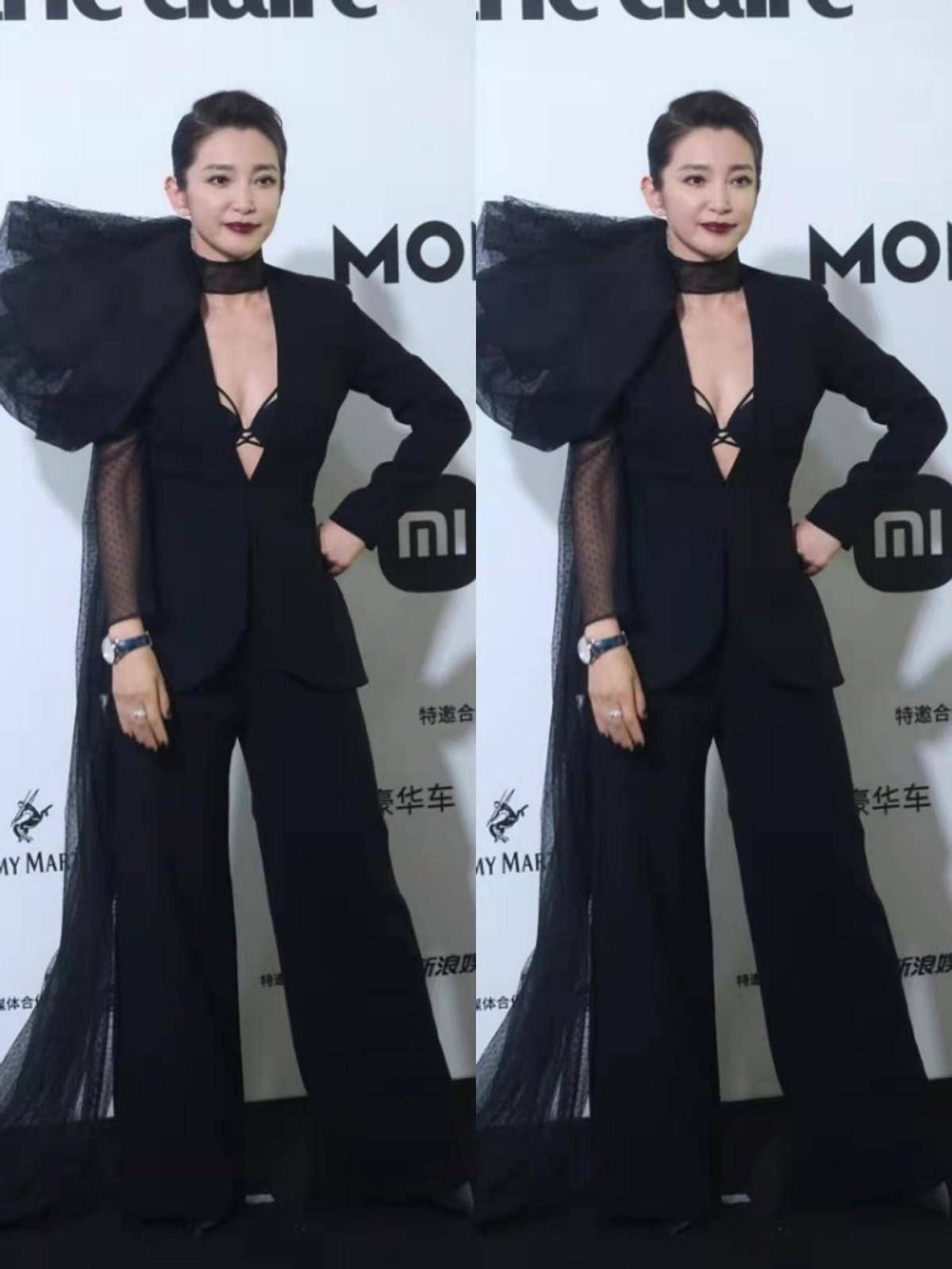 李冰冰的造型真有女人味穿黑色西装还开了大领但很高级