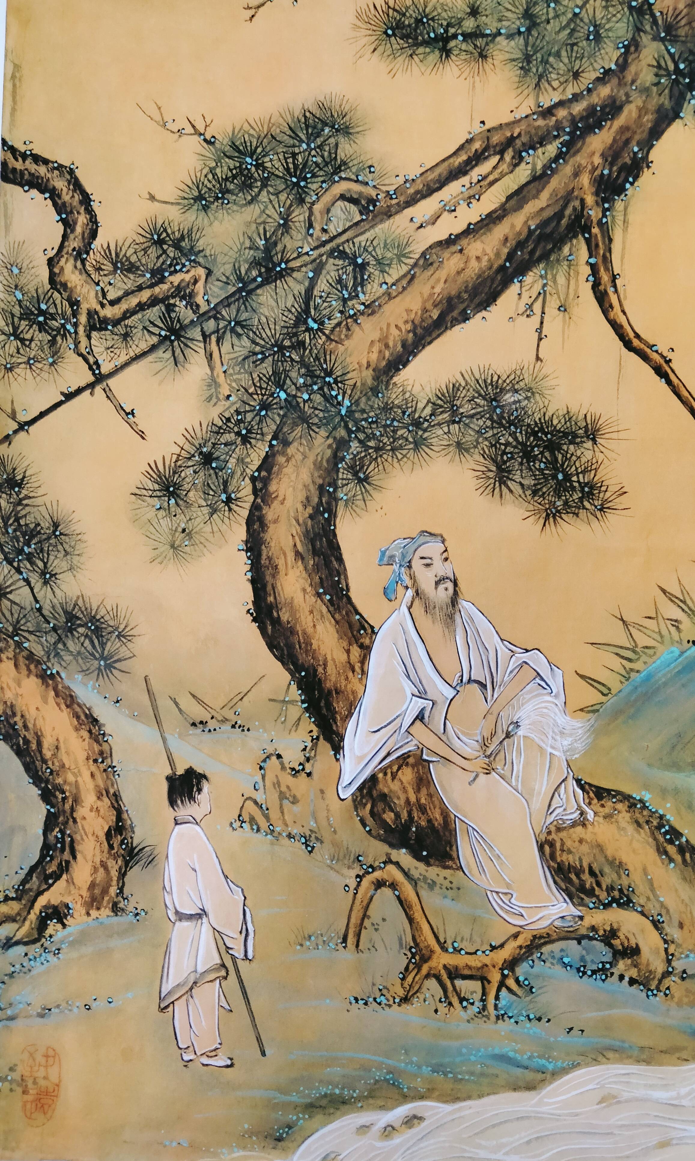 界画寒江---工笔青绿山水《松泉双鸟图》_装框_局部_高隐