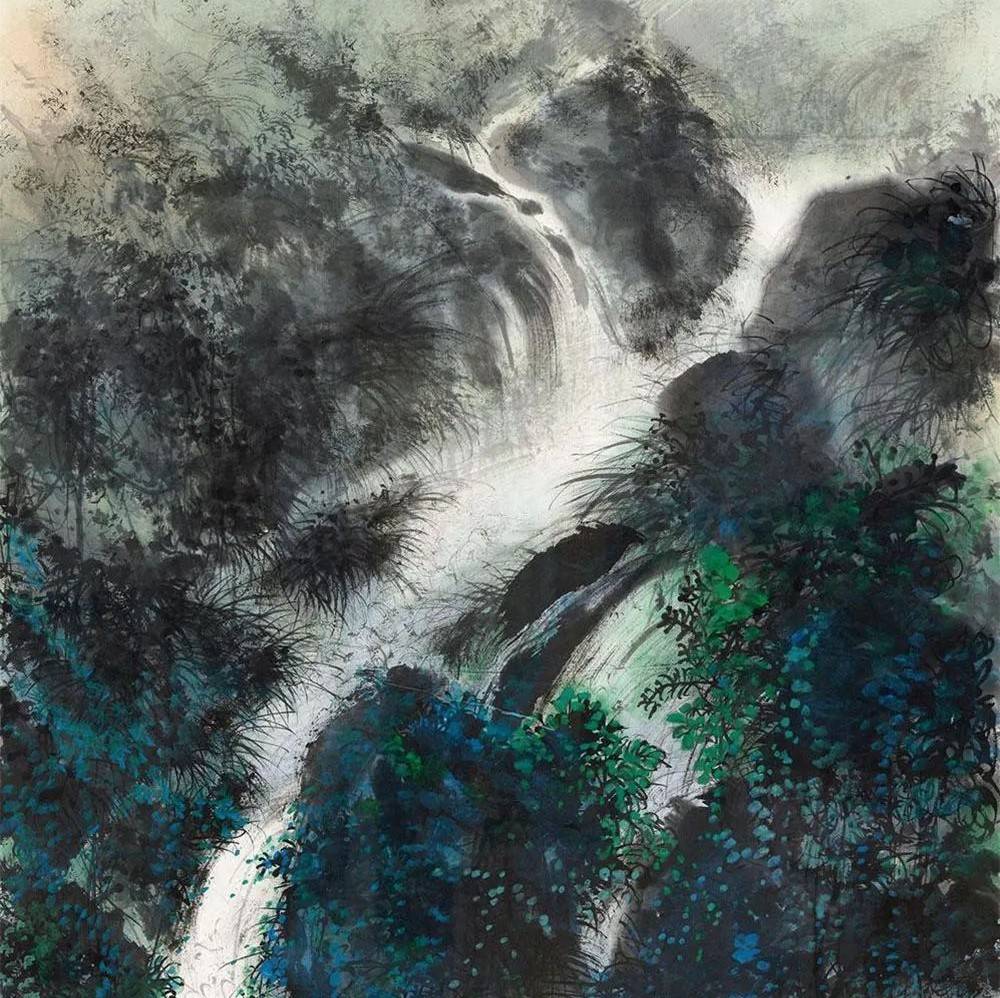 黎雄才画瀑布,气势真大_山水_飞瀑_画派