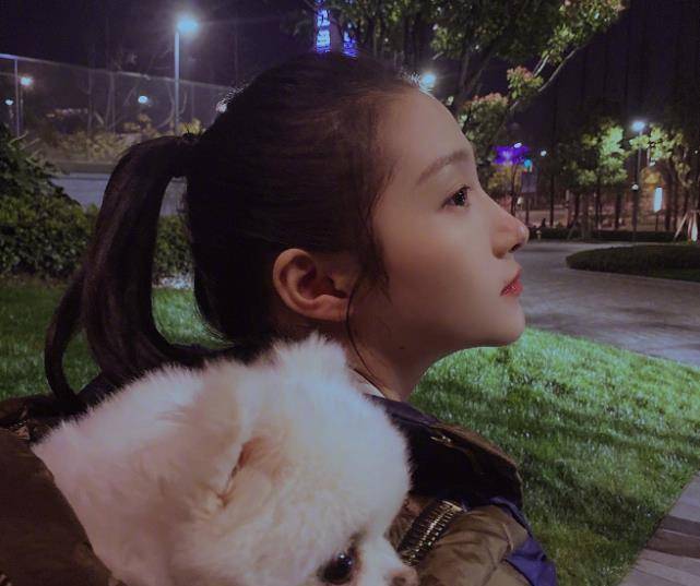关晓彤带着爱宠自拍,路灯下侧颜美如画,五官比例让人羡慕不已_狗狗