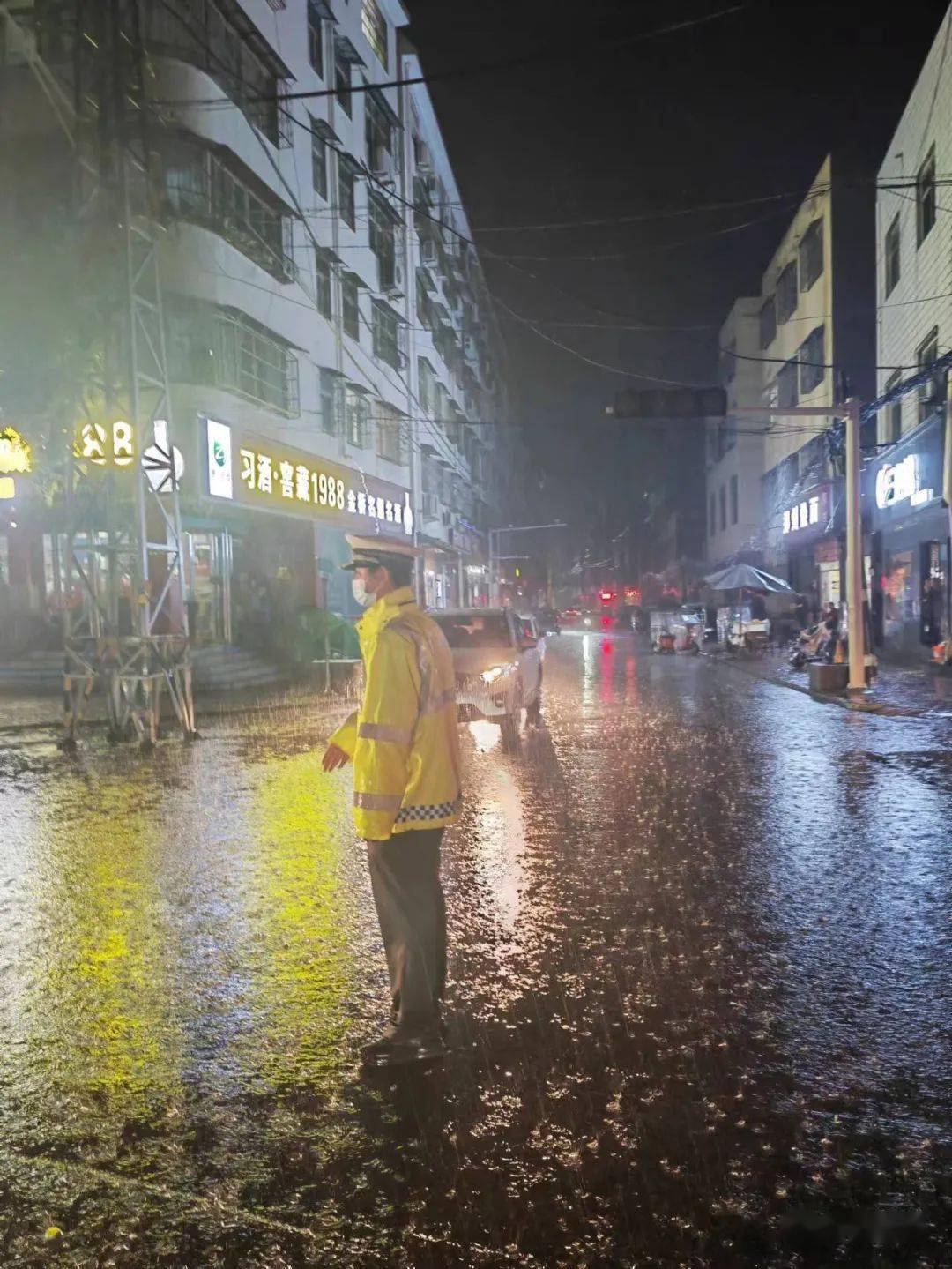 暴雨来袭镇平交警雨夜执勤守护交通安全!_车辆_镇平县_巡逻