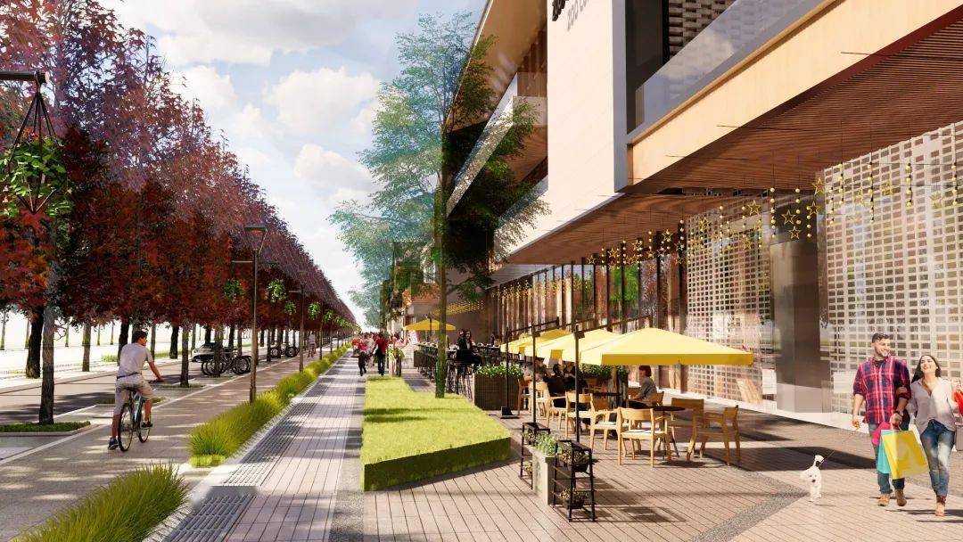 文化轴效果图三界面:两个金湖公园重要界面,一个l型城市街道界面