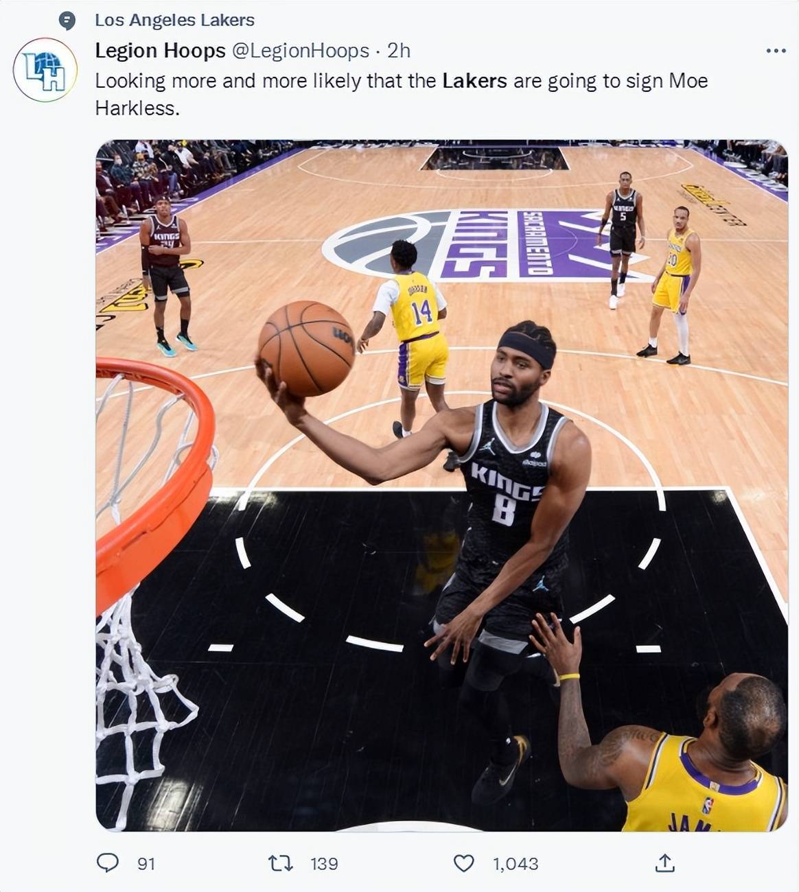 nba名记查拉尼亚报道洛杉矶湖人队已经与自由球员莫里斯