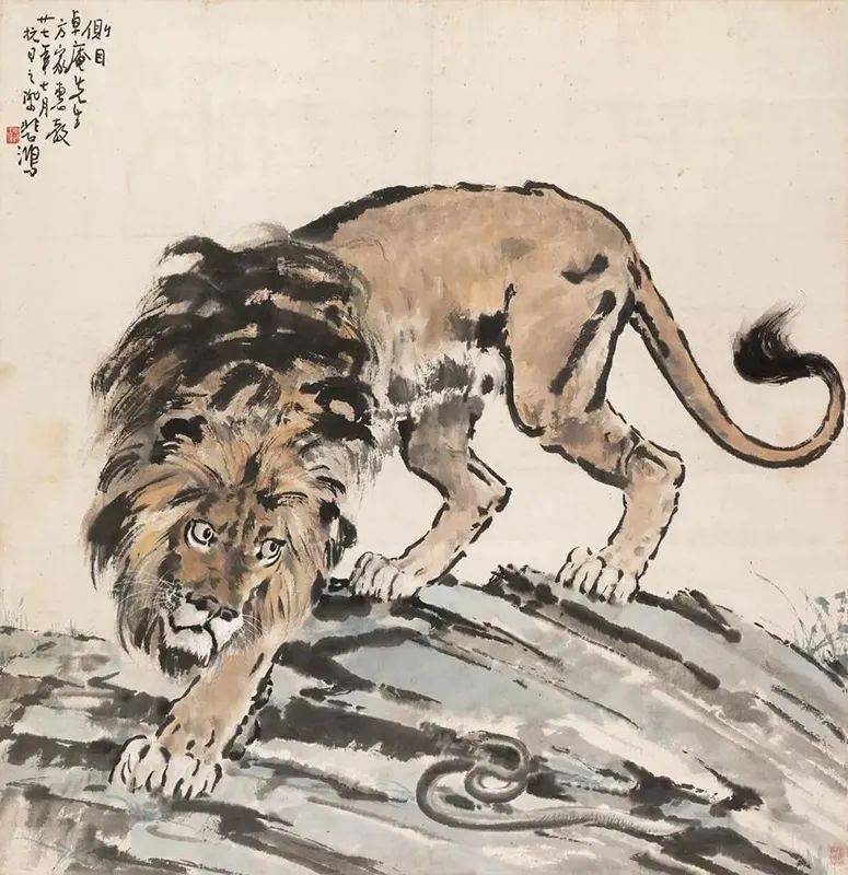 1943年，抗战时期，徐悲鸿画了一幅群狮占据富士山的《会师东京》_搜狐网