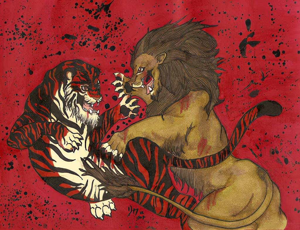 老虎和狮子打架简笔画图片