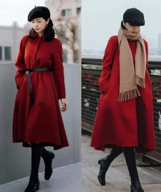 三木的"红色大衣穿搭"真美,喜庆又洋气,圣诞,2022年照穿就对_黑色