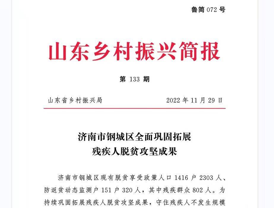 山东乡村振兴简报刊登 钢城区残联乡村振兴经验做法_残疾人_政策_社会