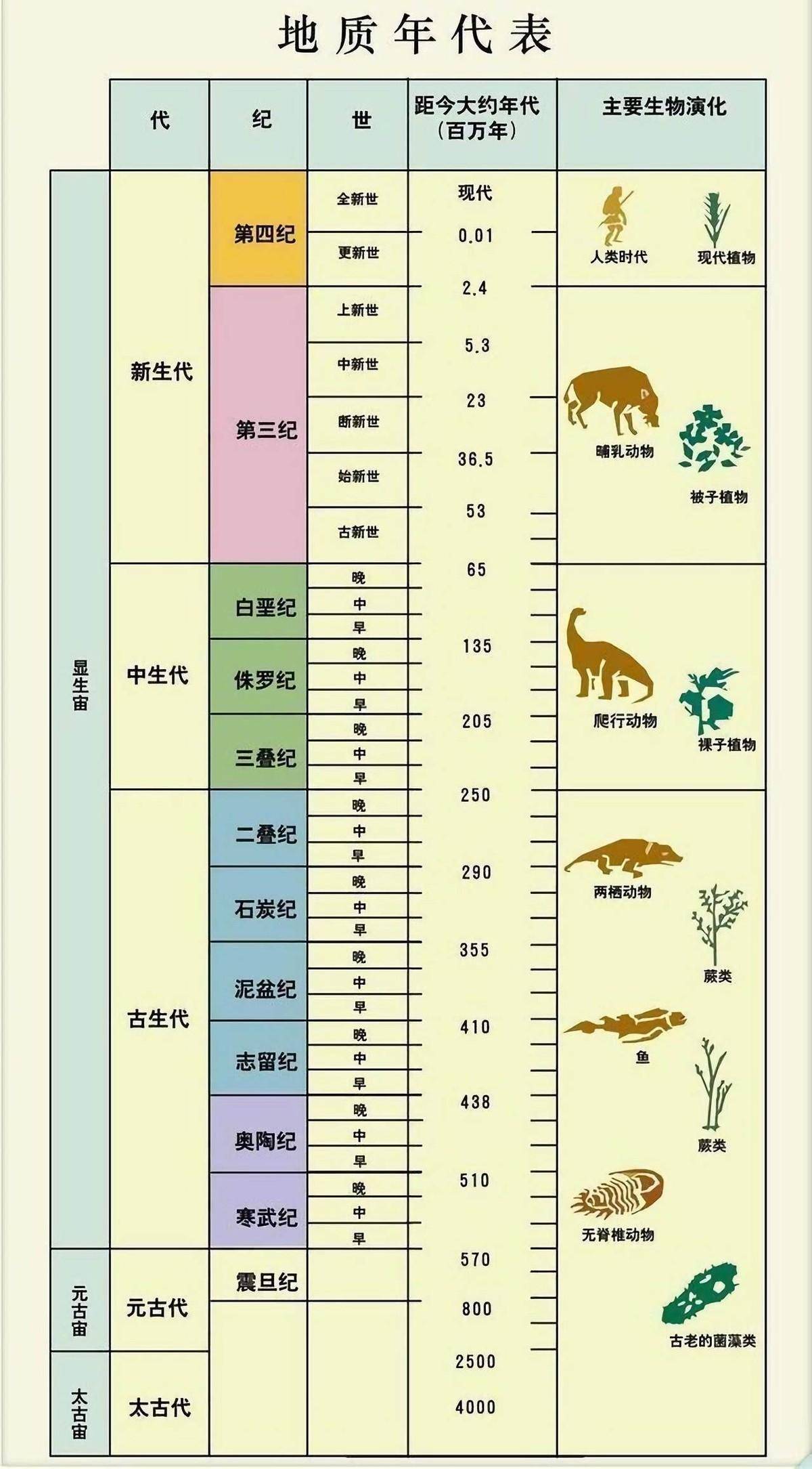 显生宙是地质史上的最后一个大时期,其下包括古生代,中生代和新生代