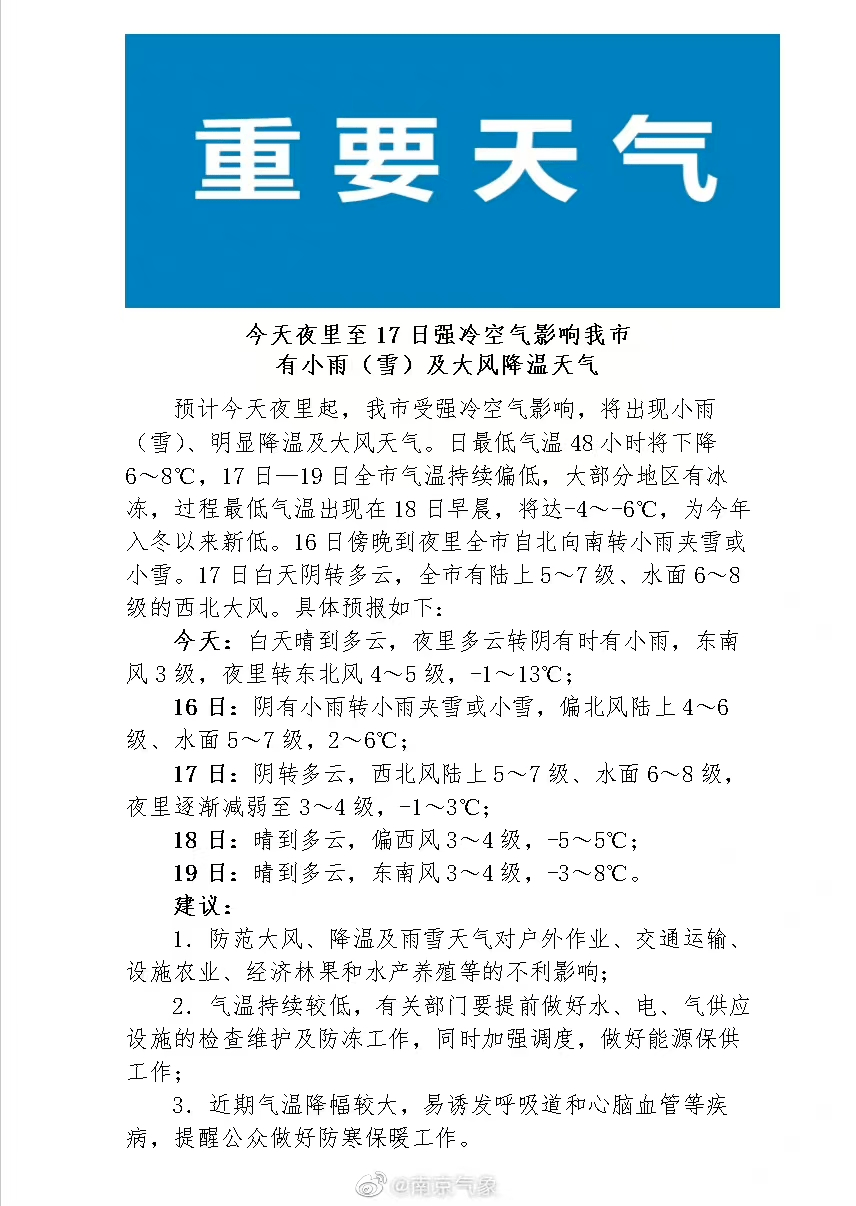 新一波冷空氣殺到,南京明天預計有雨夾雪天氣!還有這些重要提醒.