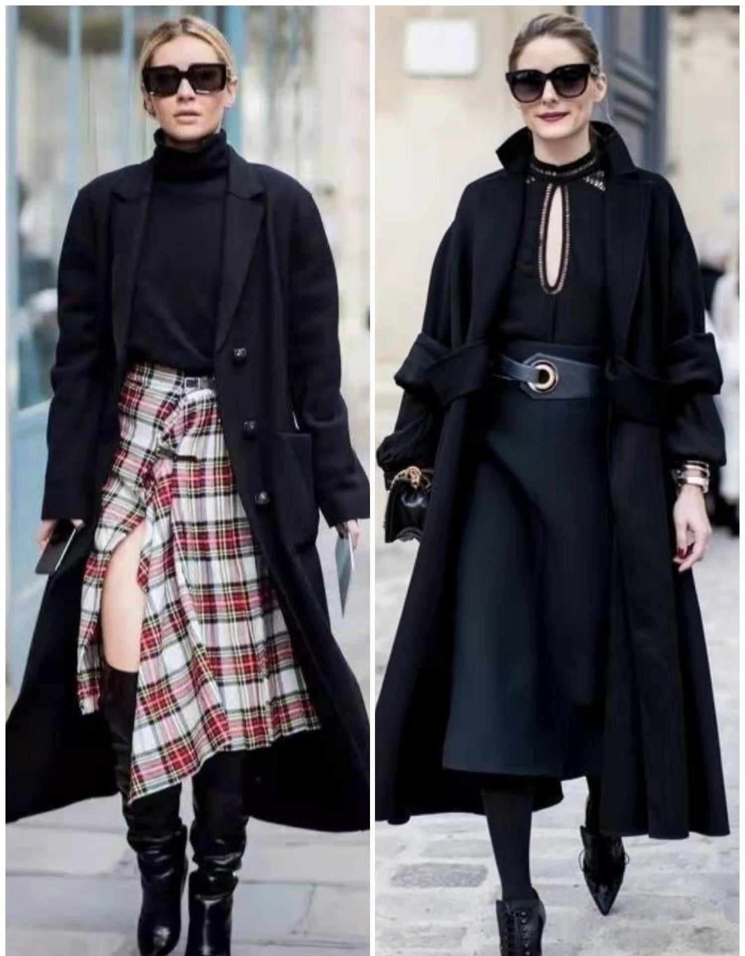 黑色大衣搭配半身裙也是不错的选择,干练优雅又显气质
