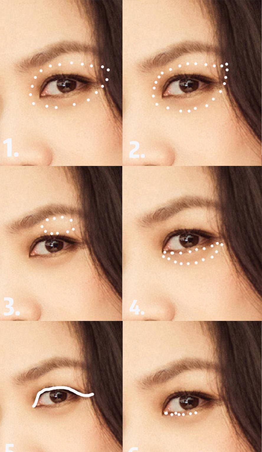 浅大地色向上,并拉长晕染出长型眼轮廓;第三:眼妆怎么画呢?5.