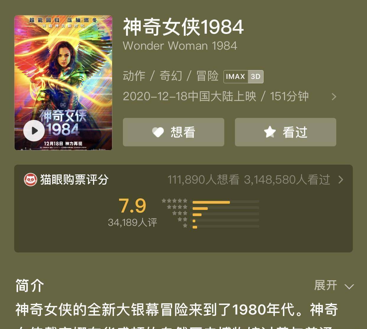 《神奇女侠1984》首周票房成绩远不及预期 内地贡献一半票房_评分