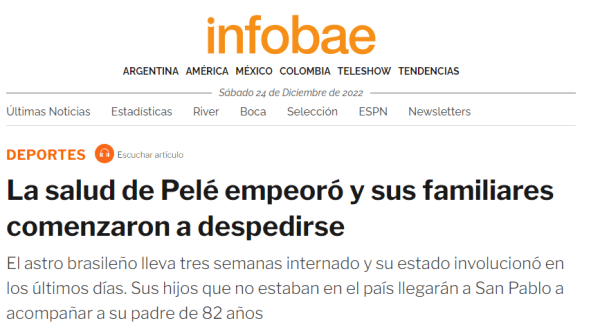 “球王”贝利病情恶化，阿根廷媒体：其家人和巴西政府开始筹备葬礼