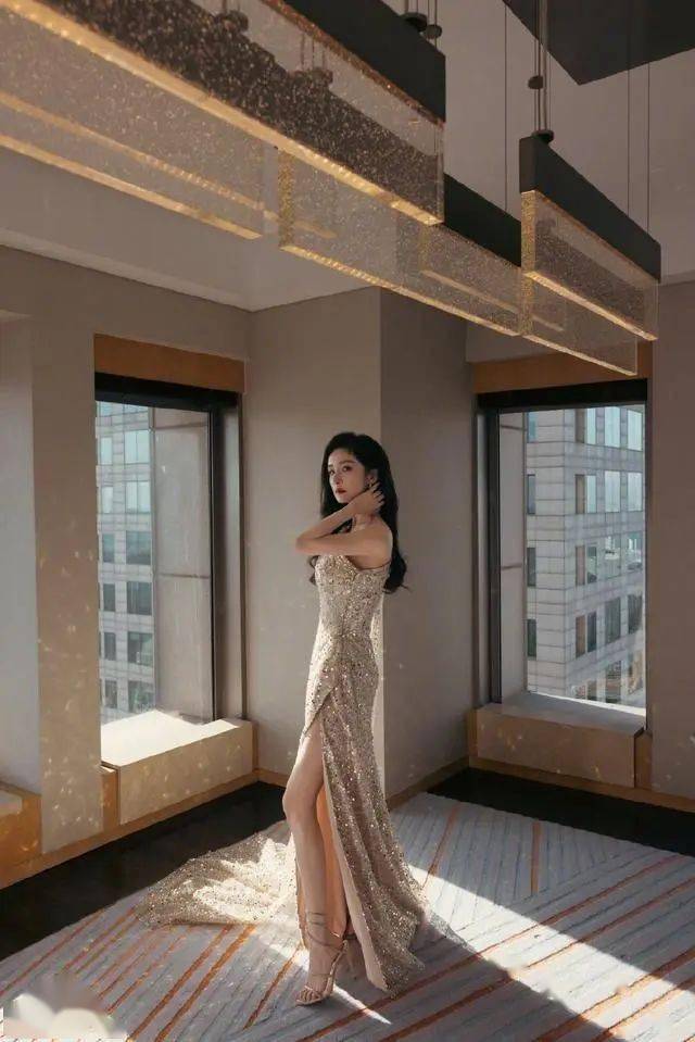 杨幂新造型好美,穿香槟色亮片长裙,涂大红唇气场全开!