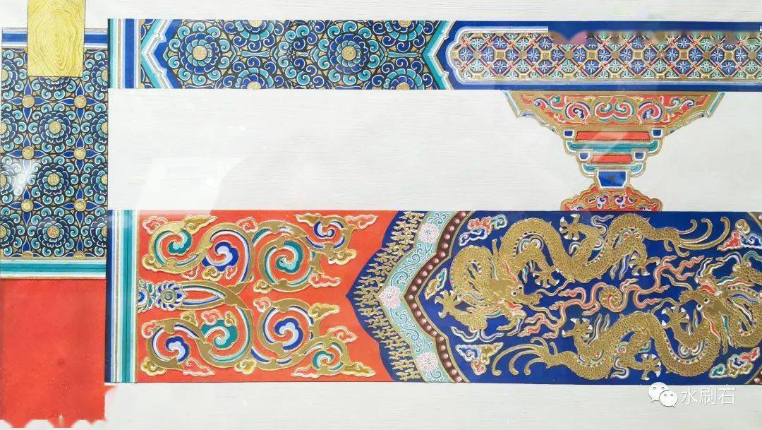 景山观德殿北建大绘制太和门外檐龙草和玺彩画方心与找头间隔绘制龙纹