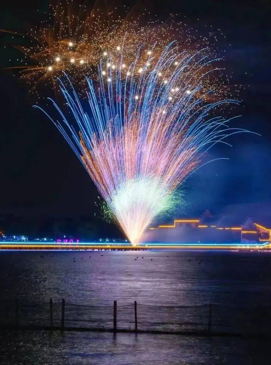 庆贺过年的烟花此起彼伏地绽放夜空之下一簇簇银花如天女散花绚丽而