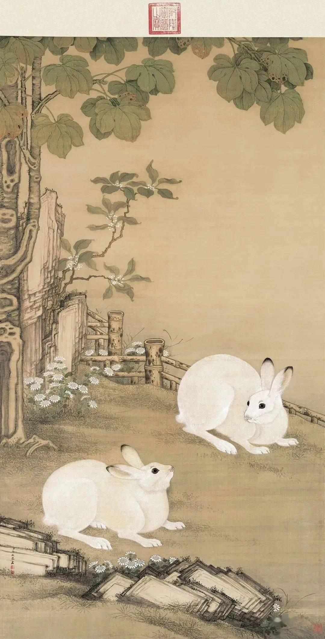 藏清代宫廷画家冷枚的《梧桐双兔图》是为中秋佳节而作,画中梧桐挺拔