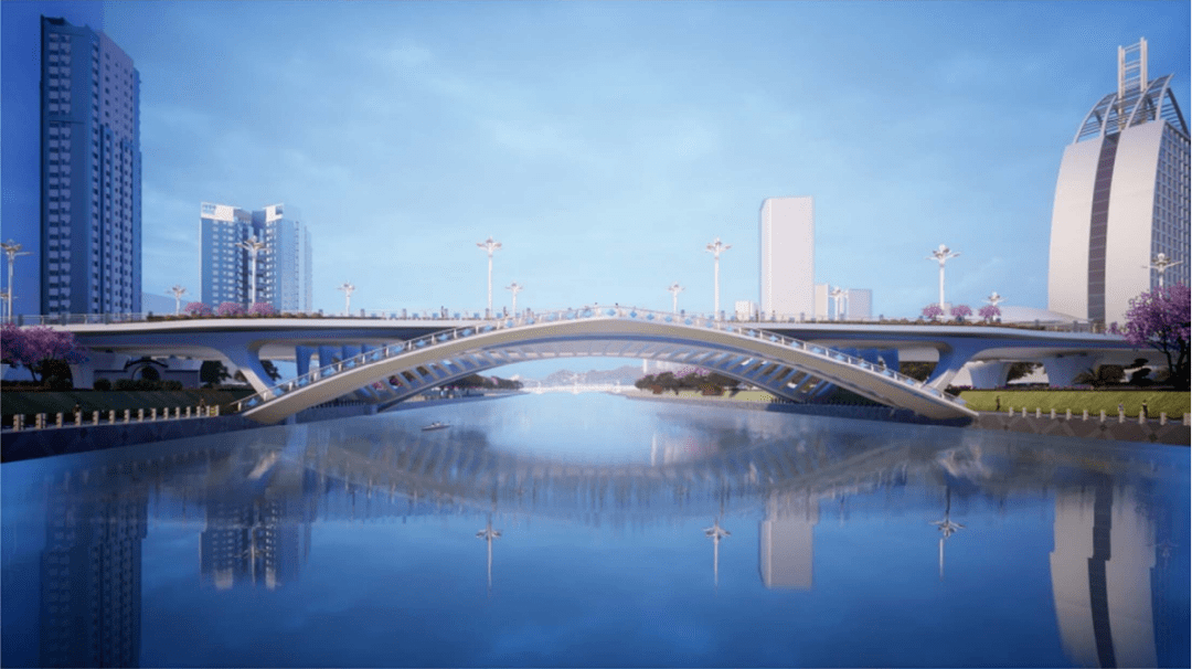 新建泰安桥主桥采用蝴蝶拱造型的v腿连续梁结构,桥梁上跨西洱河