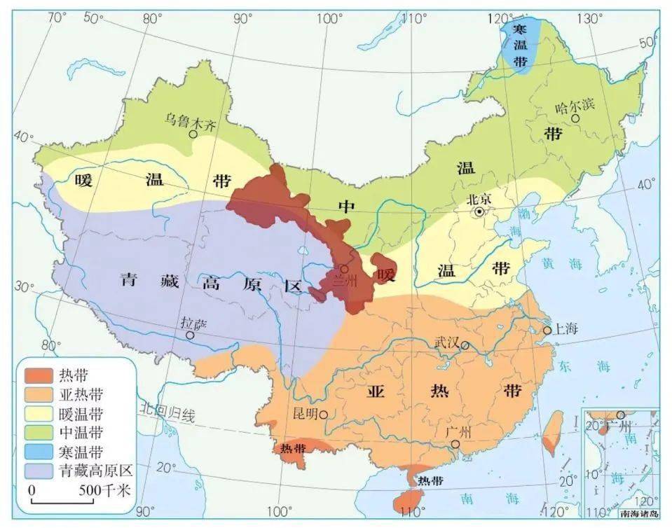 我国温度带分布图⑤甘肃省处于我国三大自然区的交接过渡地带