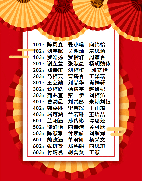 熊孜涵 单君妍 杨采文503:陈淑雅 付紫航 刘毓舜502:邬静怡 向诗洁