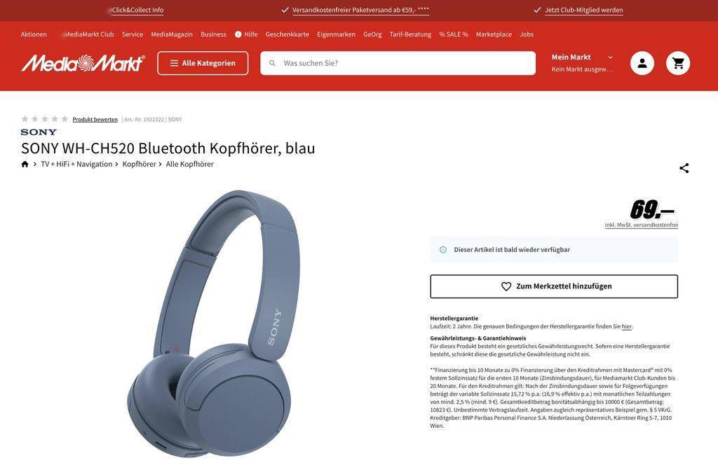  MediaMarkt 偷跑上线索尼 WH-CH520 耳机   售价为 69 欧元，续航时间为 50 小时